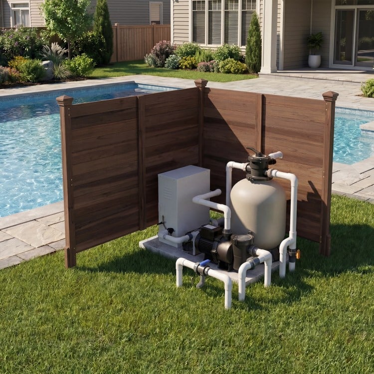 Outdoor privacy air conditioner fence in brown made of fir wood, ideal for concealing AC units and pool equipment.