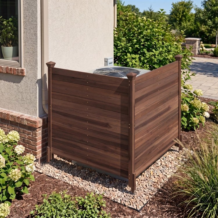 Outdoor privacy air conditioner fence made of fir wood, featuring a brown finish for concealing AC units in the backyard.