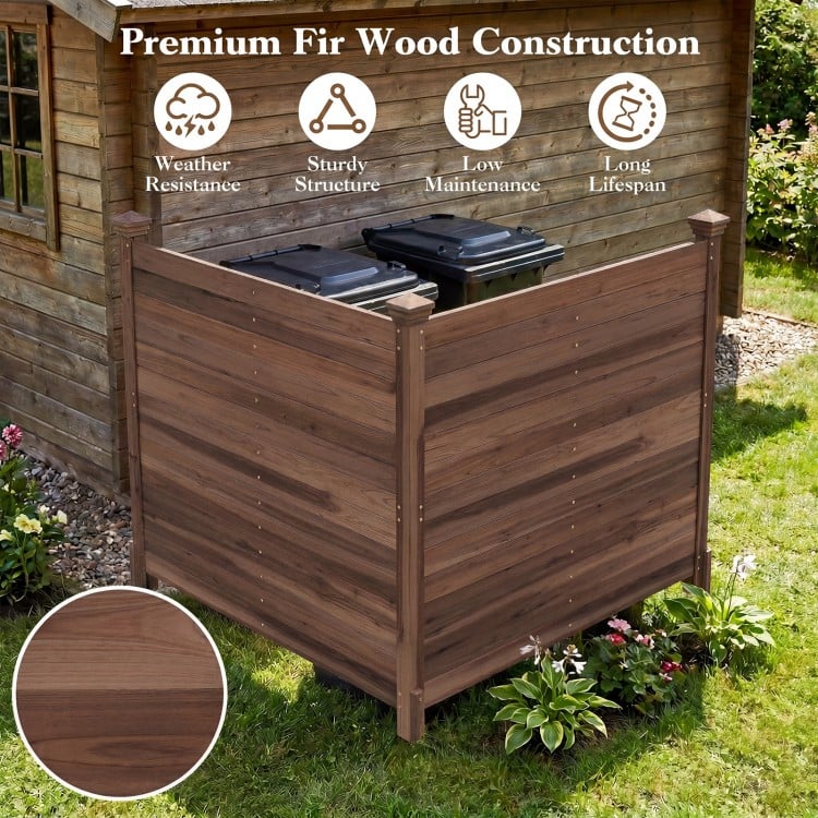Outdoor privacy air conditioner fence made of robust fir wood, featuring a rustic brown finish for concealing equipment.