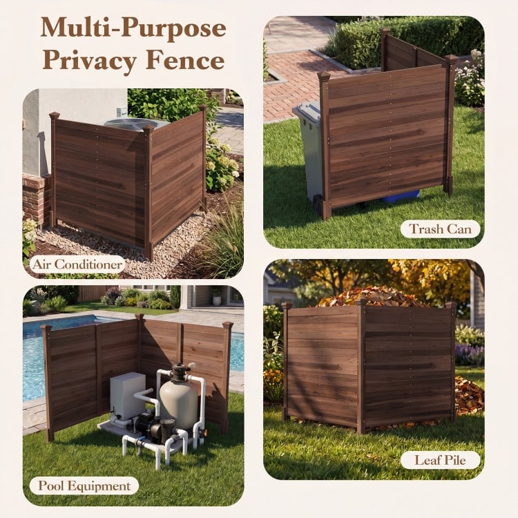 Outdoor privacy fence made of fir wood, ideal for concealing AC units, trash cans, and pool equipment in the backyard.