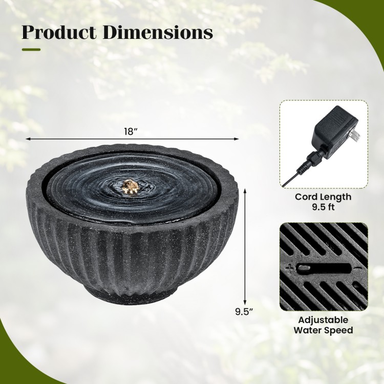 Round sphere water fountain with LED lights, 18" diameter, adjustable flow, durable resin, perfect for small patios.