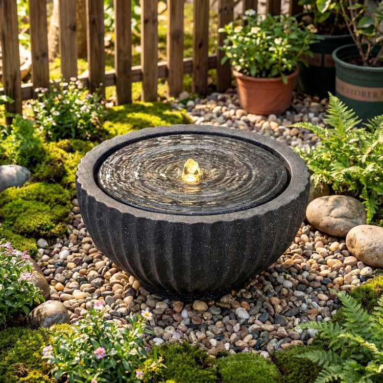 Outdoor round sphere water fountain with LED lights, featuring a realistic stone look and adjustable flow control for.