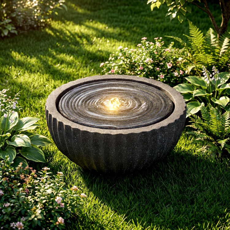 Round sphere water fountain with LED lights, featuring a realistic stone look, perfect for tranquil outdoor spaces.