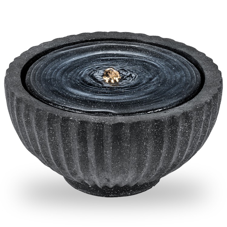 Outdoor round sphere water fountain in gray stone finish with LED lights, perfect for small patios or balconies.