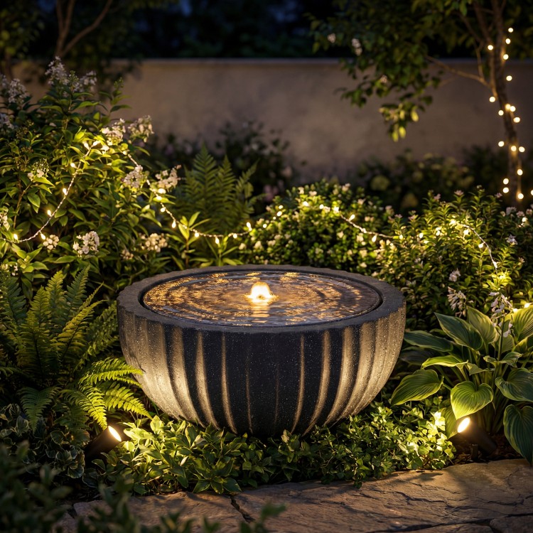 Outdoor round sphere water fountain with LED lights, featuring a realistic stone look, perfect for tranquil garden.