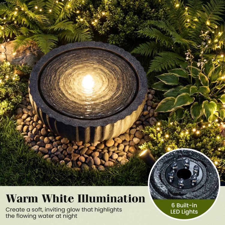 Outdoor round sphere water fountain with 6 LED lights, featuring a realistic stone look for enchanting garden ambiance.