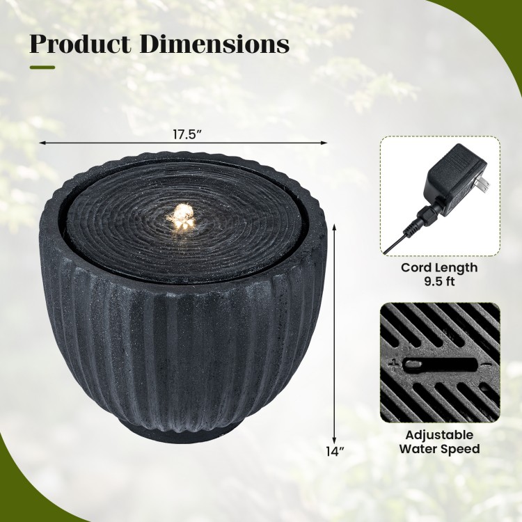 Round sphere water fountain with pump, gray stone look, adjustable water speed, ideal for gardens or patios.