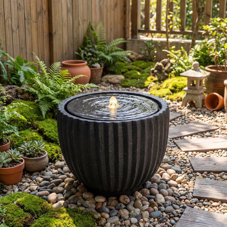 Outdoor round sphere water fountain with pump, featuring a realistic stone look and warm LED lights for garden.