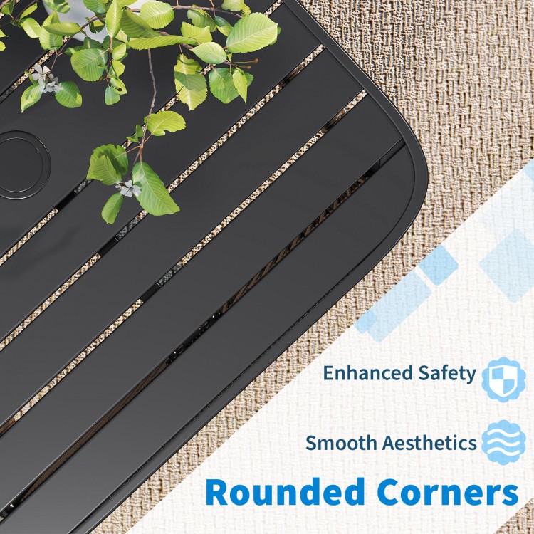 Close-up of the outdoor side table showcasing rounded corners, metal slats, and an umbrella hole for patio use.