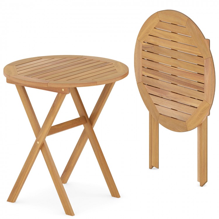 Round outdoor side table with slatted acacia wood top and X-shaped structure, perfect for indoor and outdoor use.