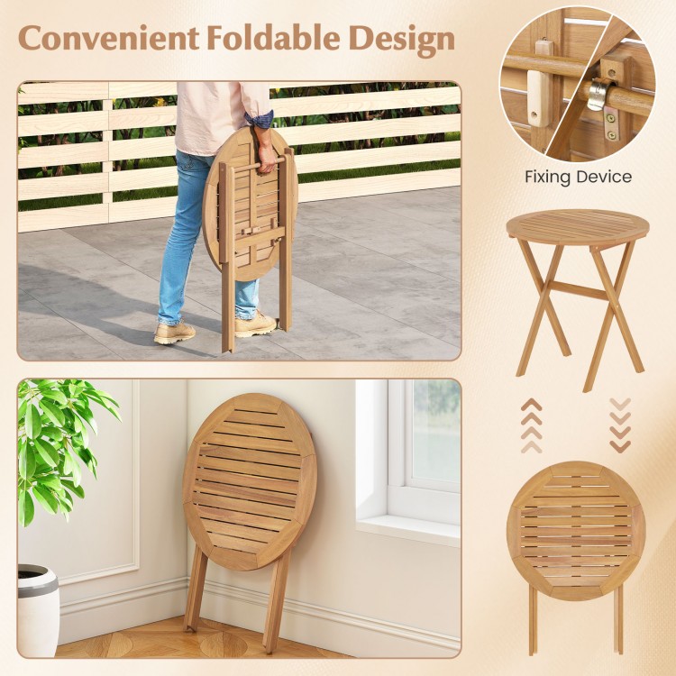 Folding outdoor side table with slatted acacia wood tabletop and X-shaped structure, ideal for indoor and outdoor use.