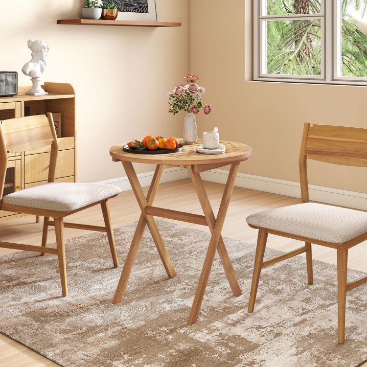Acacia wood outdoor side table with slatted tabletop and X-shaped structure, perfect for indoor and outdoor use.