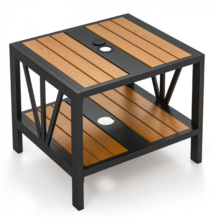 Outdoor side table with a wood-like surface, umbrella hole, and storage shelf, perfect for porch or patio use.