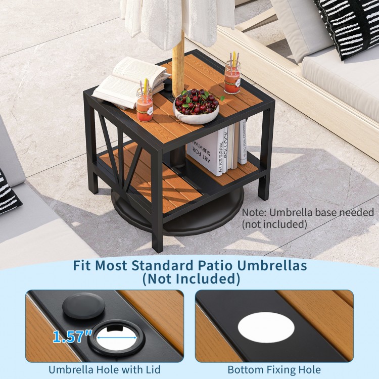 Outdoor side table with umbrella hole, sturdy metal construction, and 2-tier storage shelf for porch or patio use.