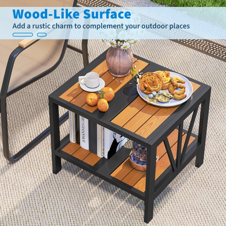 Outdoor side table featuring a wood-like surface, umbrella hole, and storage shelf, perfect for patio or porch use.