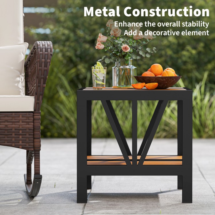 Outdoor side table with metal construction, wood-like surface, and umbrella hole, perfect for porch or patio use.