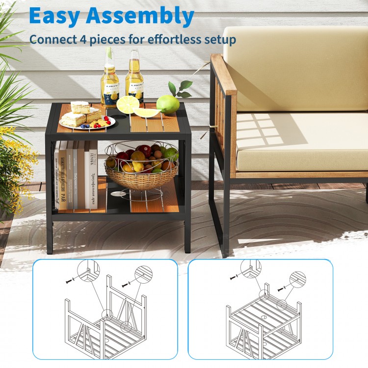 Outdoor side table with umbrella hole and storage shelf, featuring a rustic wood-like surface for porch or patio use.