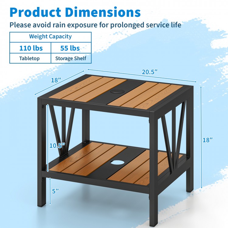 Outdoor side table with metal frame and wood-like surface, featuring umbrella hole and storage shelf for patio use.