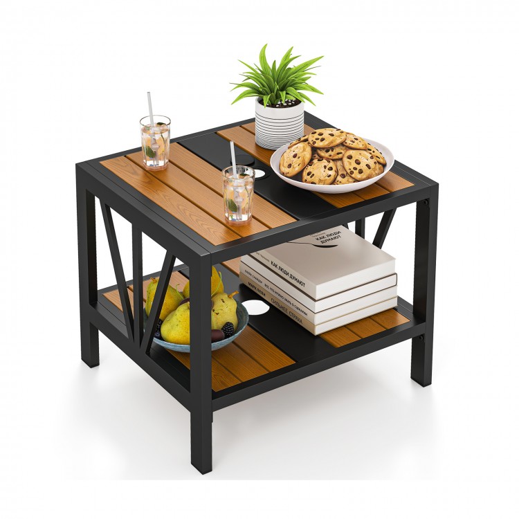Outdoor side table with a wood-like surface, metal frame, umbrella hole, and storage shelf for porch or patio use.