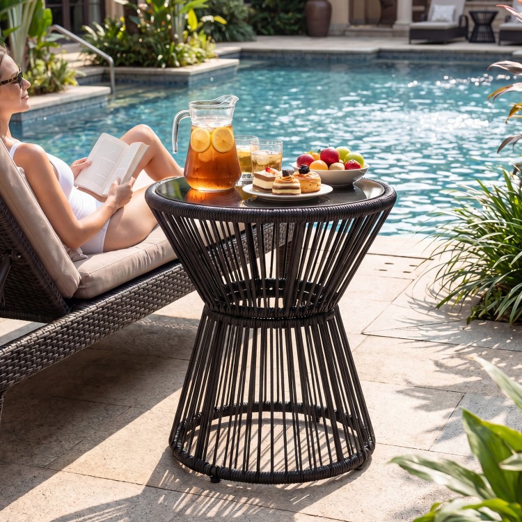 Outdoor side table with tempered glass top and LED warm light, perfect for patio or garden relaxation.