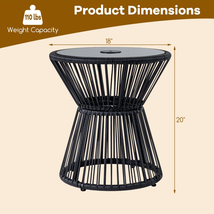 Black outdoor side table with tempered glass top, LED warm light, and elegant hourglass design for patio or garden use.