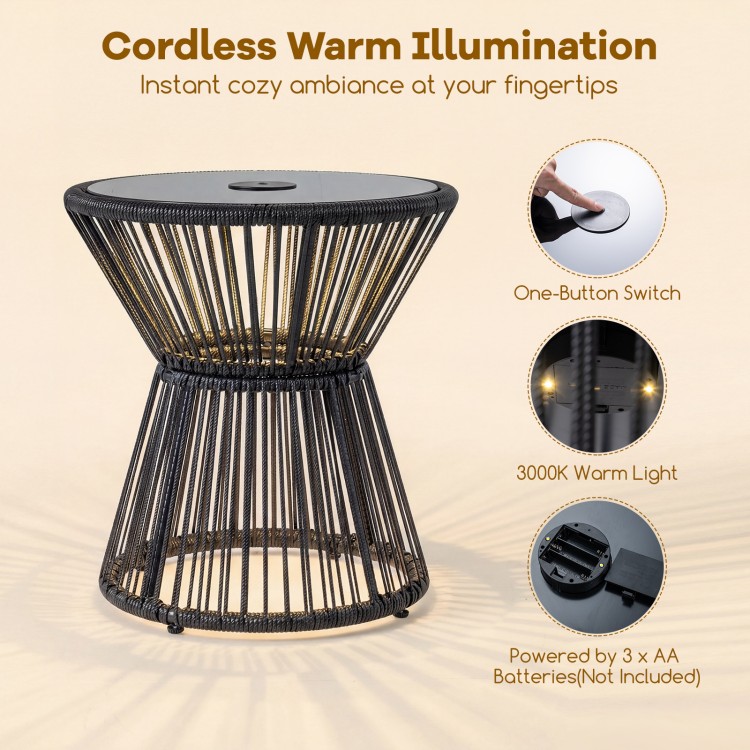 Outdoor side table with LED warm light, black PE rattan, and tempered glass top for cozy ambiance in any space.
