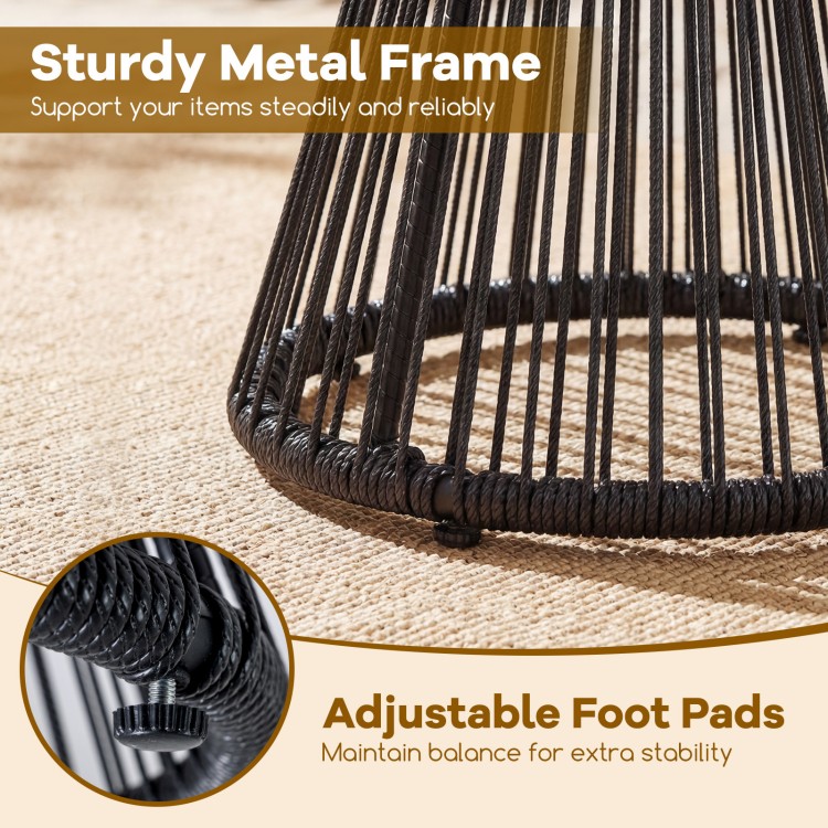 Black outdoor side table with tempered glass top, sturdy metal frame, and adjustable foot pads for stability.