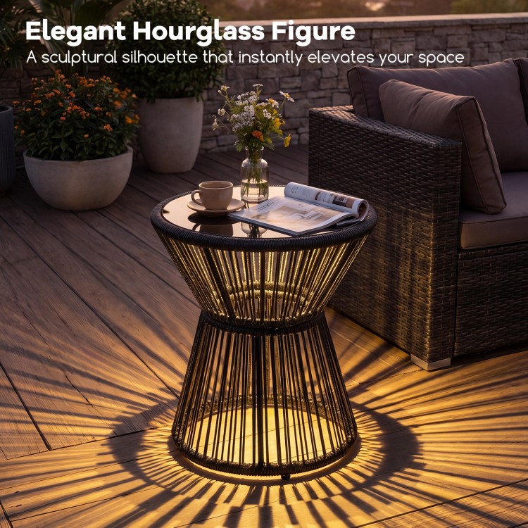 Outdoor side table with LED warm light and tempered glass top, featuring a stylish hourglass design for patio or garden.