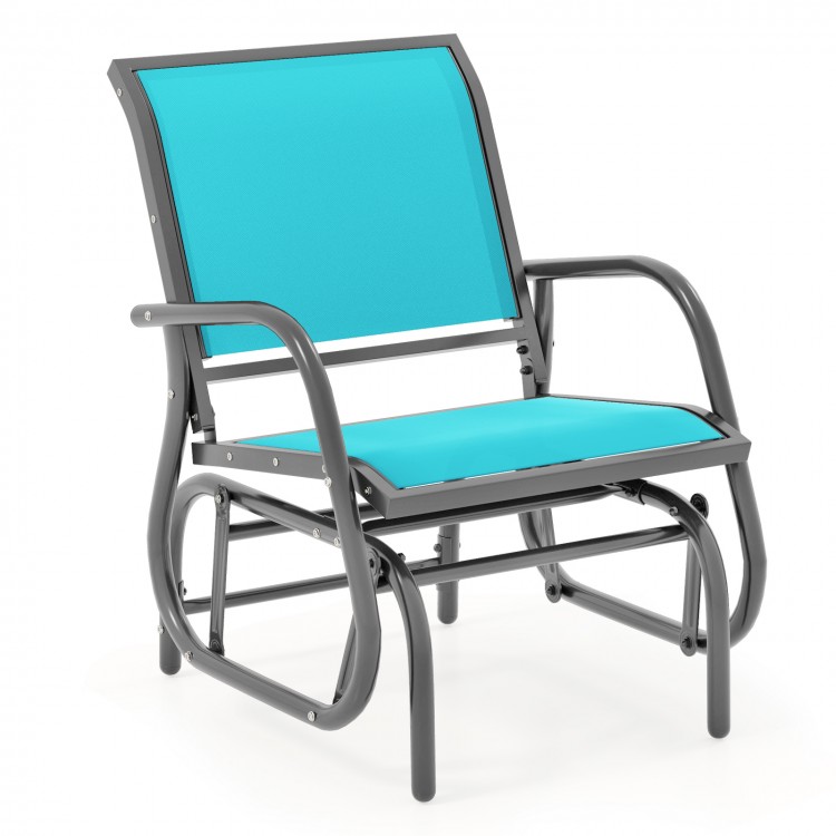 Turquoise outdoor single swing glider rocking chair with armrests, featuring a sturdy steel frame for patio relaxation.
