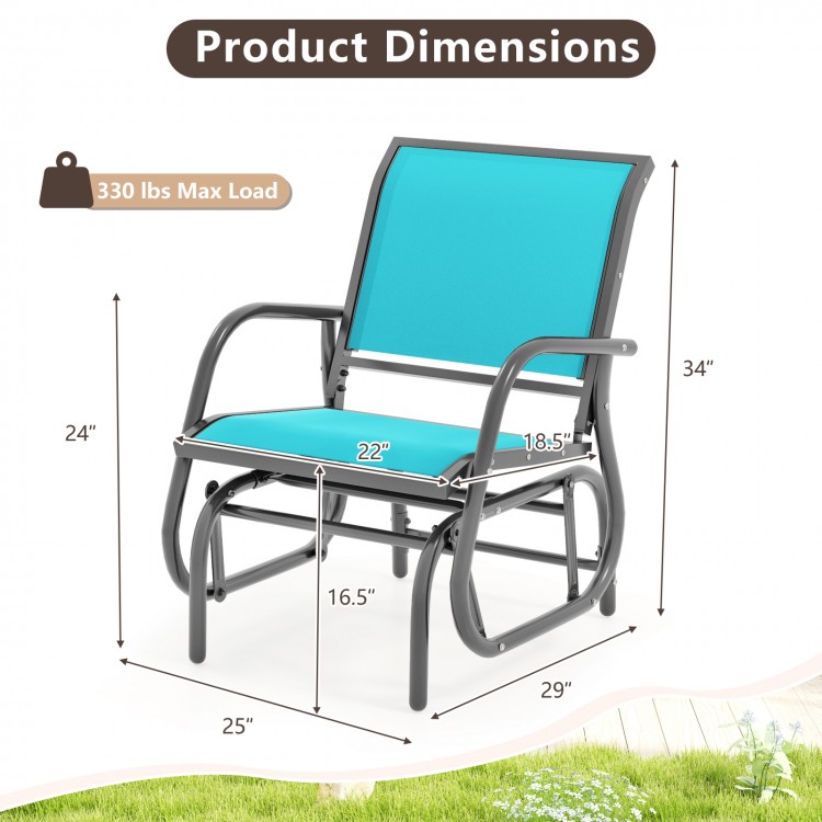 Outdoor single swing glider rocking chair dimensions with turquoise fabric, sturdy steel frame, ideal for patio.