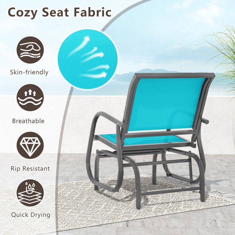 Turquoise outdoor single swing glider rocking chair with armrests and breathable, rip-resistant fabric for patio.