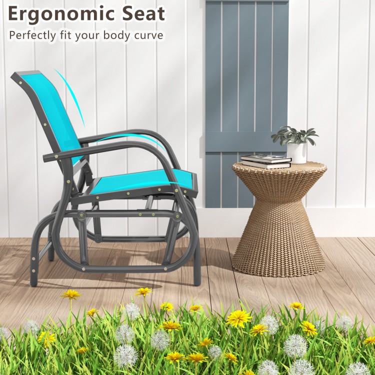 Turquoise single swing glider rocking chair side view, featuring an ergonomic design for comfortable outdoor lounging.