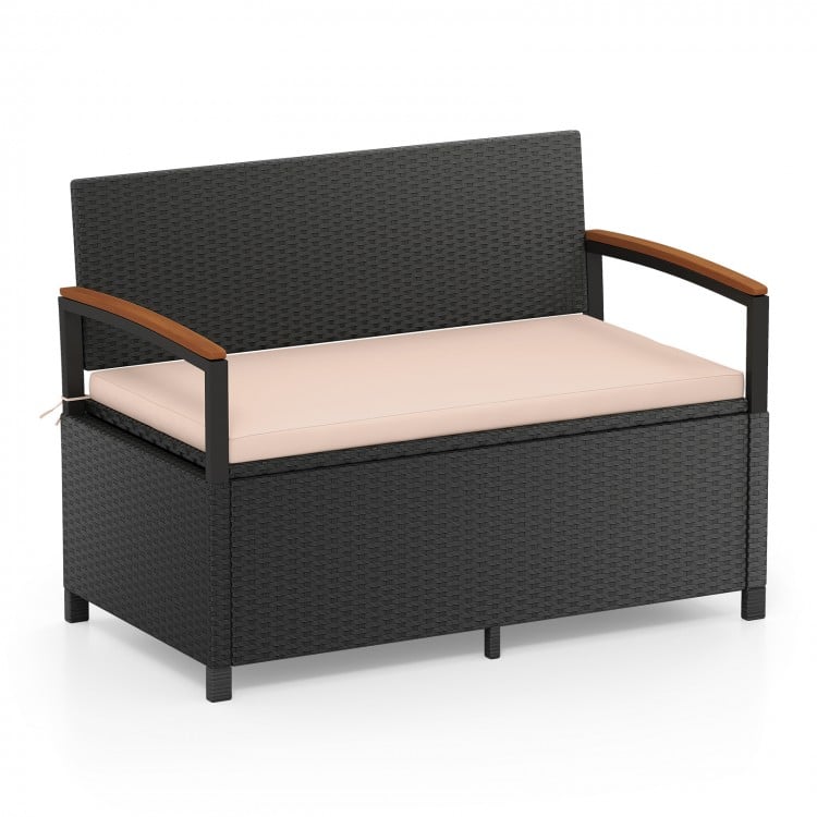 Outdoor storage bench with cushion in brown, featuring PE rattan, acacia wood armrests, and 46-gallon storage for patio.