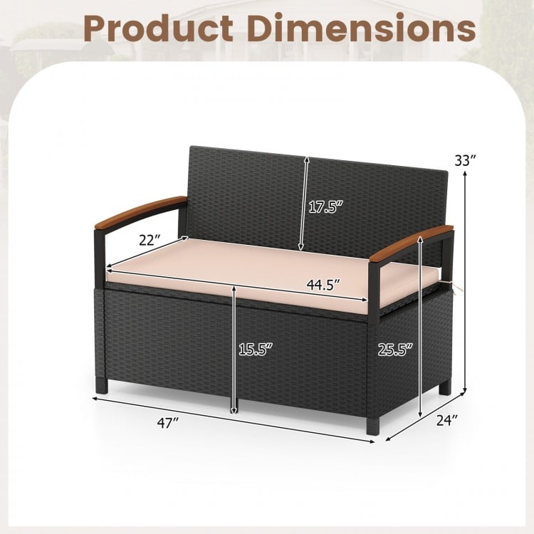 Outdoor storage bench dimensions with cushion, featuring PE rattan, acacia wood armrests, and 46-gallon capacity.