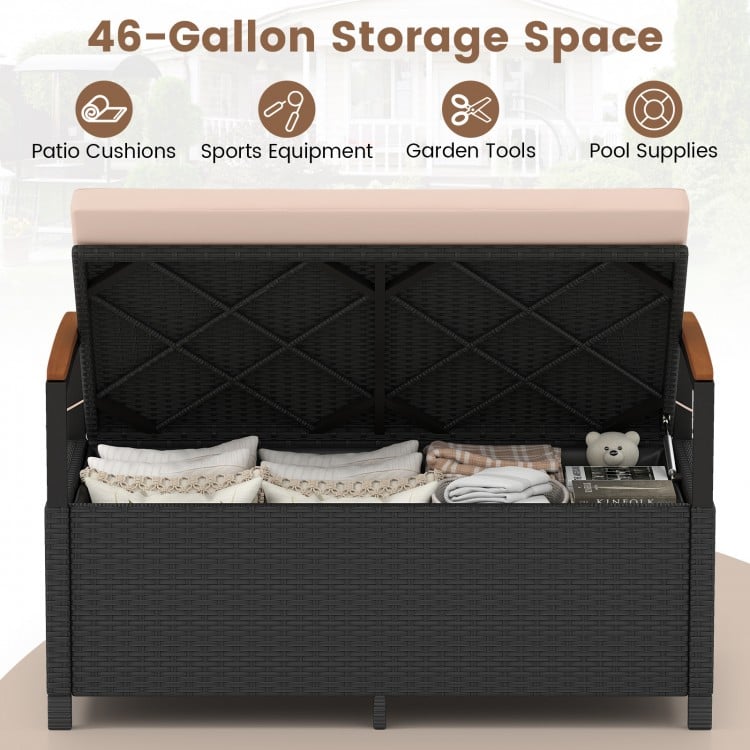 Outdoor storage bench with 46-gallon capacity, waterproof liner, and comfortable cushion, perfect for patio or garden.