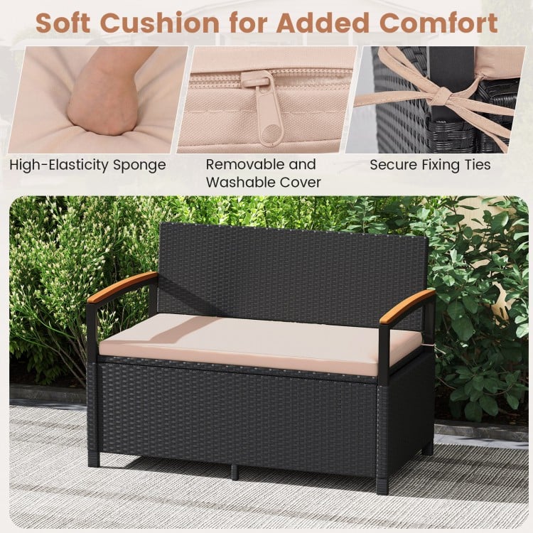 Outdoor storage bench with brown cushion, PE rattan, and acacia wood armrests, perfect for patio seating and storage.