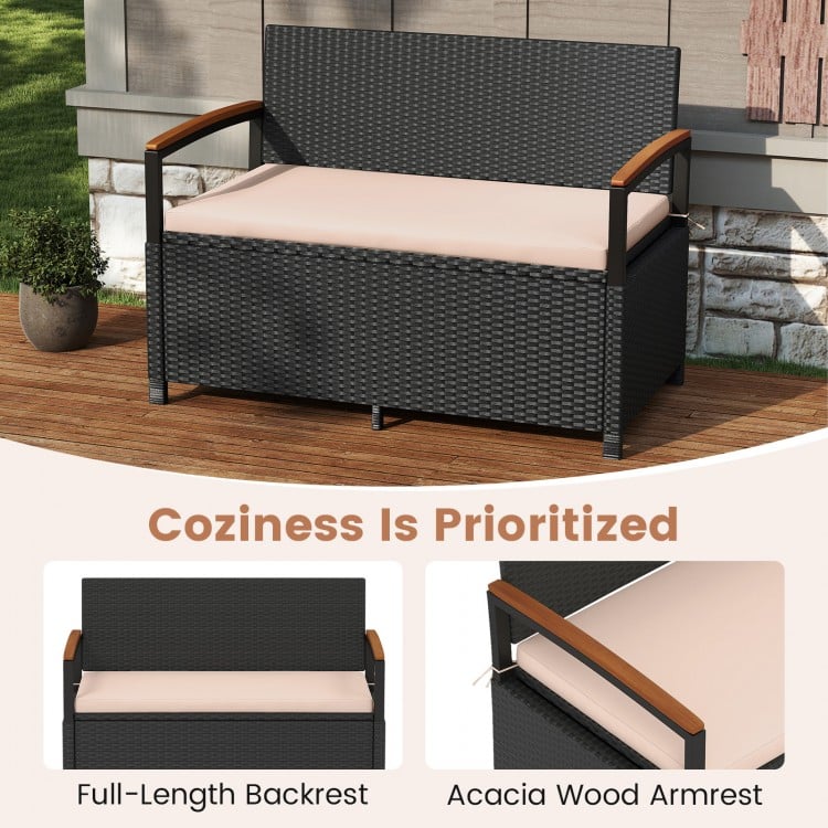 Outdoor storage bench with acacia wood armrests and cushion, featuring waterproof storage for patio items.