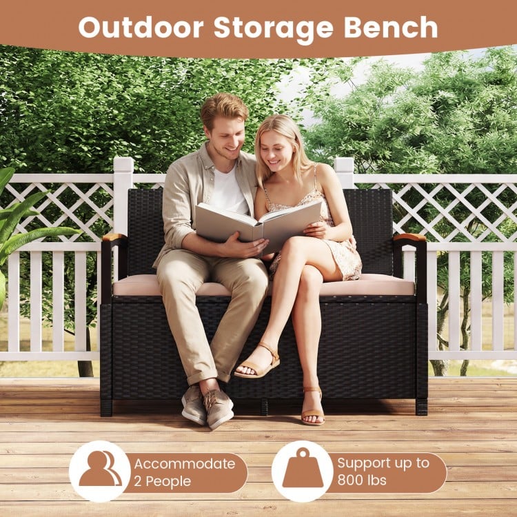 Outdoor storage bench with cushion in brown, accommodating 2 people, ideal for patio or garden use.