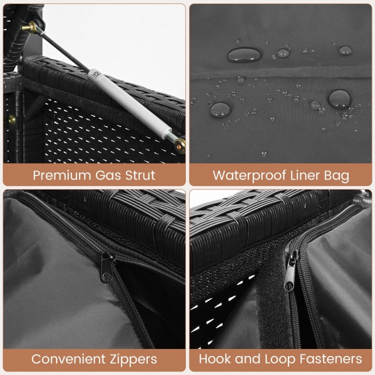 Close-up of the waterproof liner bag and convenient zippers of the brown outdoor storage bench deck box.