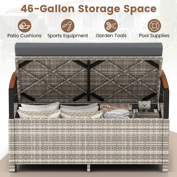 Outdoor storage bench with 46-gallon capacity, gray PE rattan, and comfortable cushion, perfect for patio or garden use.