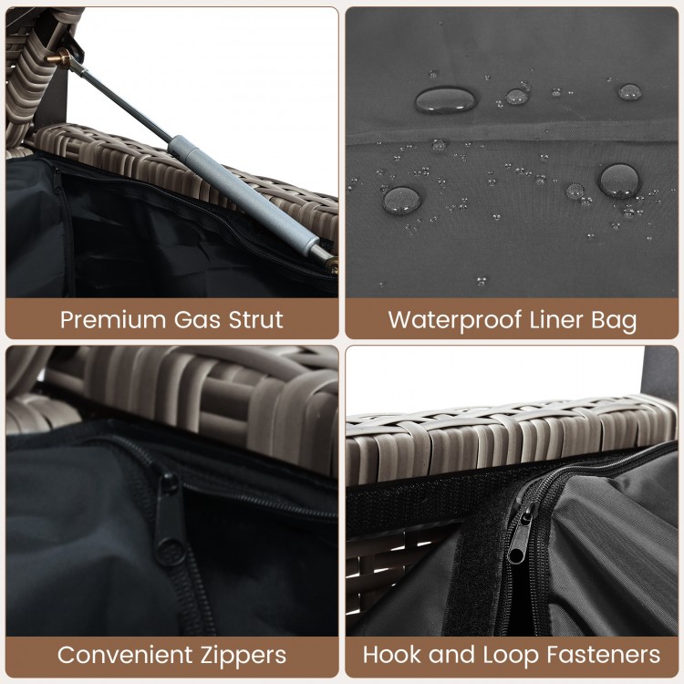 Close-up of the waterproof liner bag and premium gas strut on the gray outdoor storage bench for patio furniture.