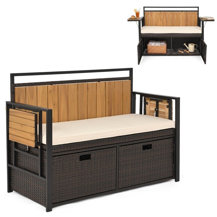 Outdoor storage bench with acacia wood backrest, PE rattan, and two folding side tables for convenient outdoor lounging.