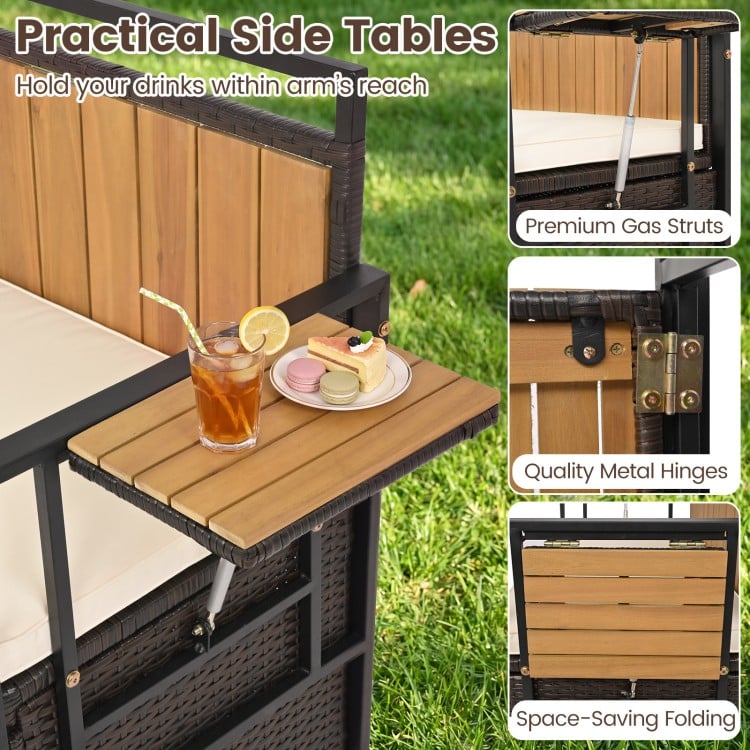 Folding side table with acacia wood slats on the outdoor storage bench, ideal for holding drinks within reach.