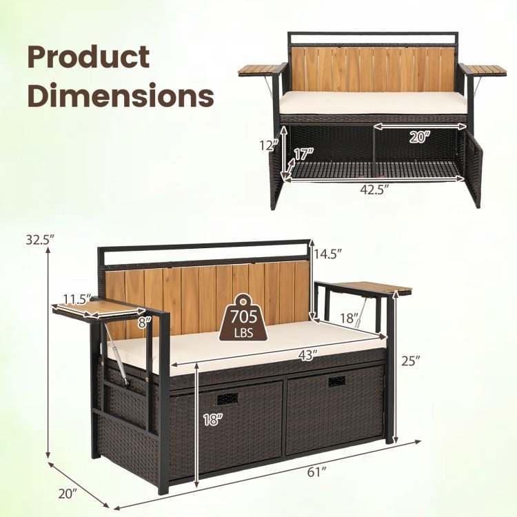 Outdoor storage bench with dimensions, featuring acacia wood backrest, PE rattan, and space-saving side tables.