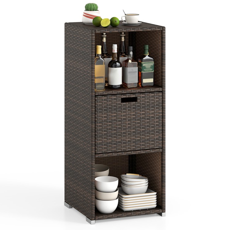 Outdoor storage cabinet in brown PE rattan with three shelves and a removable drawer, ideal for patio organization.