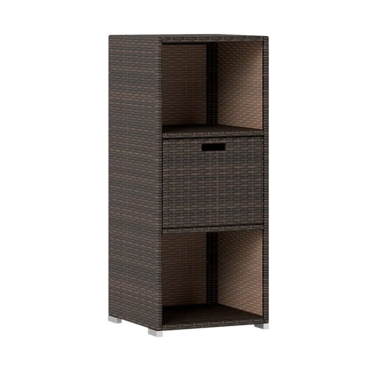Brown outdoor storage cabinet made of hand-woven PE rattan with 3 shelves and a removable drawer for patio organization.