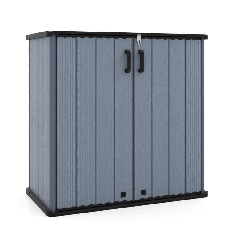 Gray outdoor storage shed with lockable doors, waterproof surface, and grooved drainage roof for secure organization.