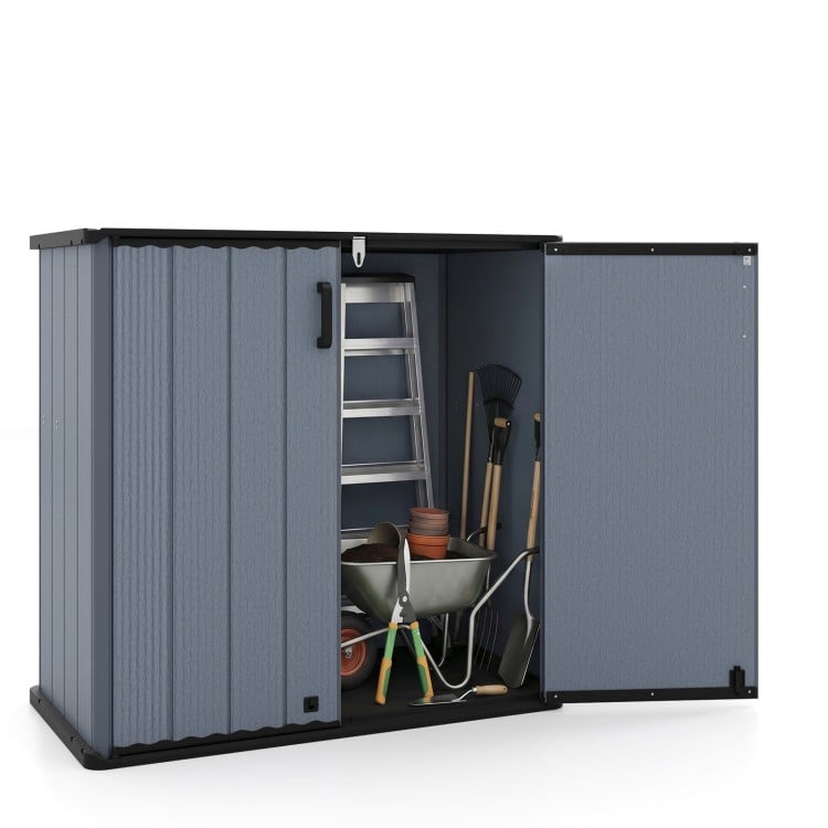 Gray outdoor storage shed with lockable door, designed for organizing gardening tools and equipment in all-weather.