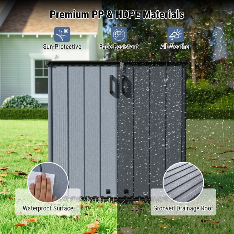 Gray outdoor storage shed made of waterproof PP and HDPE materials, featuring a lockable door and grooved drainage roof.