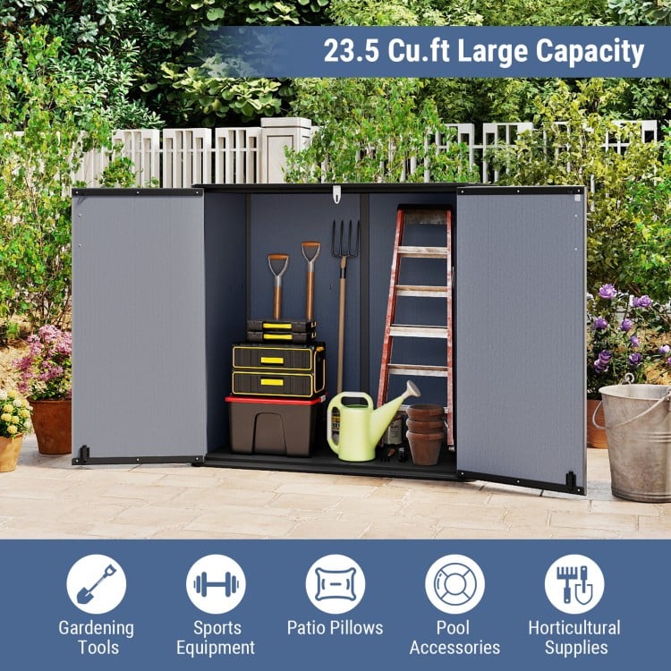 Outdoor storage shed with lockable door, 23.5 cu.ft capacity, ideal for organizing gardening tools and patio pillows.